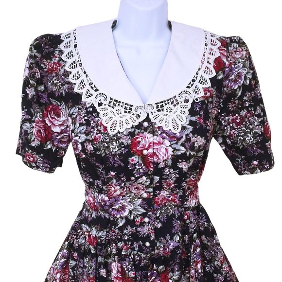 80's Brandywine Creek Dark Floral Prairie Dress Granny Lace Collar 9/10 Puffy SS - Picture 3 of 12